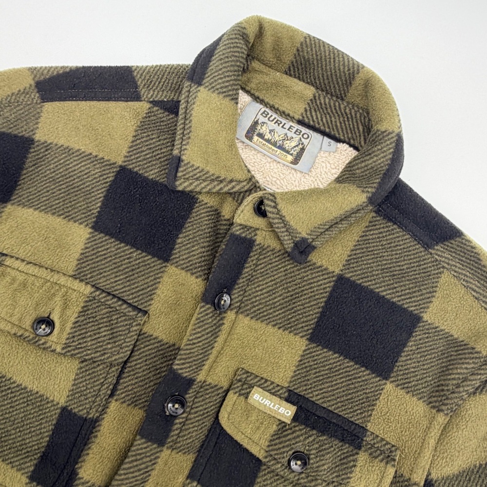 Burlebo Flannel Jacket Mens Small Olive Black Buffalo Plaid Sherpa Lined Fleece